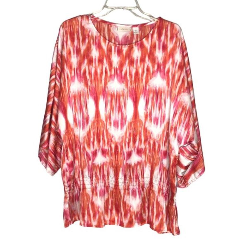 Chicos Tunic Top Abstract Print Dolman Sleeve Blouse Orange Pink Size 3 XLarge‎
